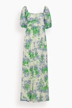 Ganni Printed Mesh Puff Sleeves Long Dress In Egret