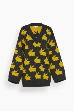 JW Anderson Bunny Jacquard V Neck Jumper In Black/Yellow