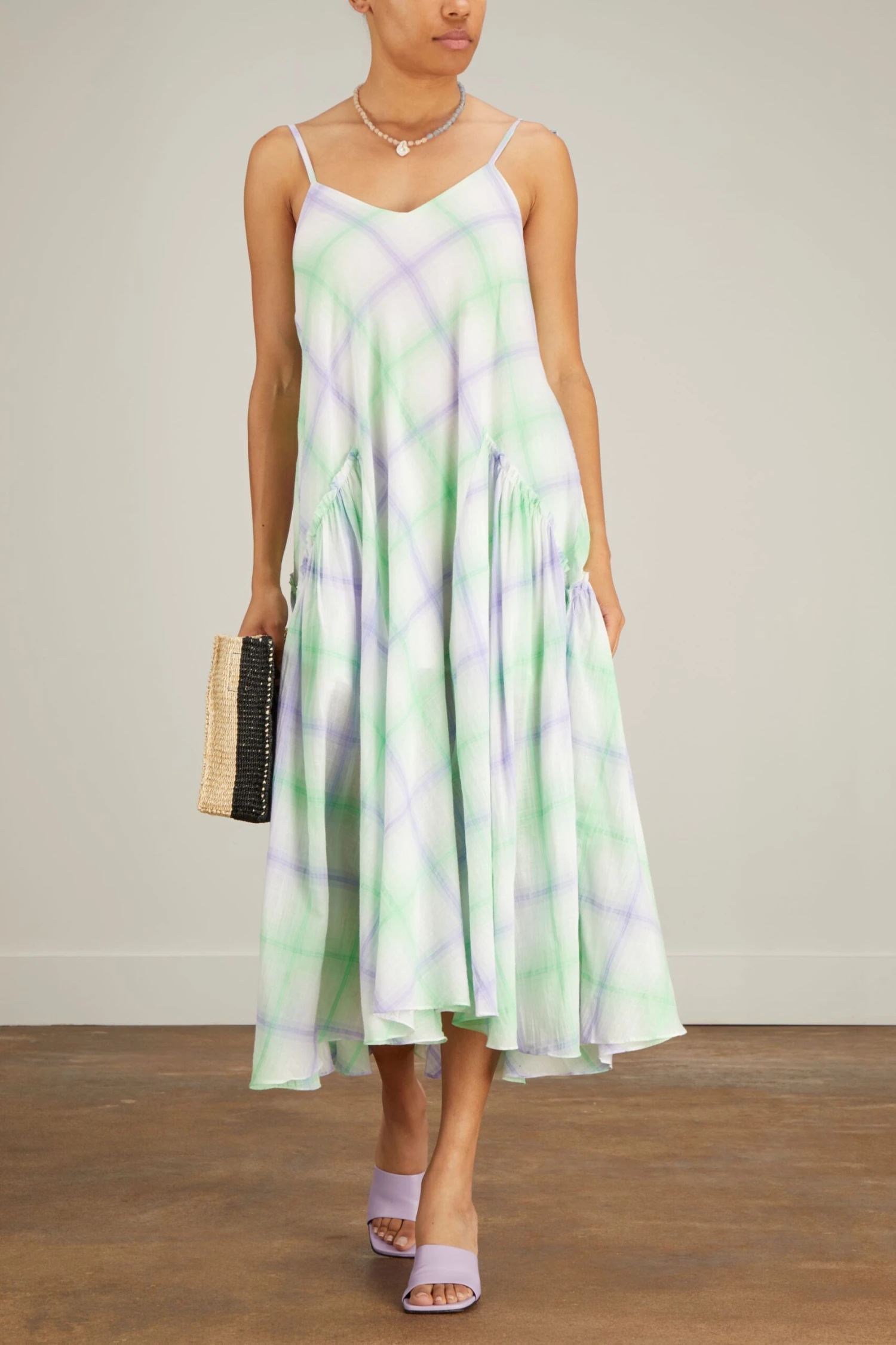 Handwoven Check Long Dress In Lavande Green 4 Handwoven Check Long Dress In Lavande Green - Image 2