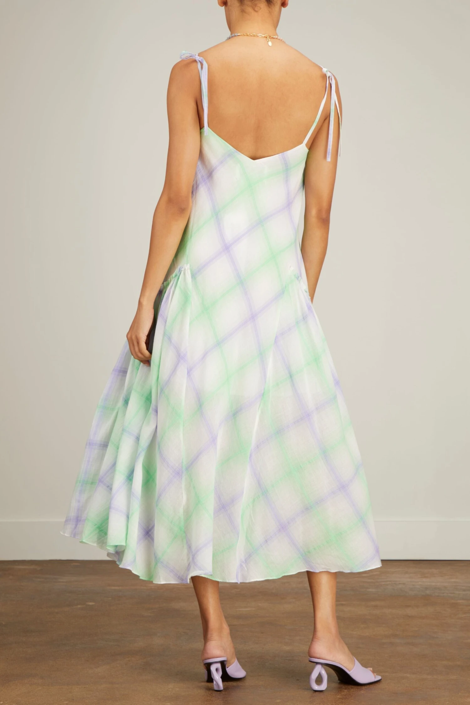 Handwoven Check Long Dress In Lavande Green 6 Handwoven Check Long Dress In Lavande Green - Image 4