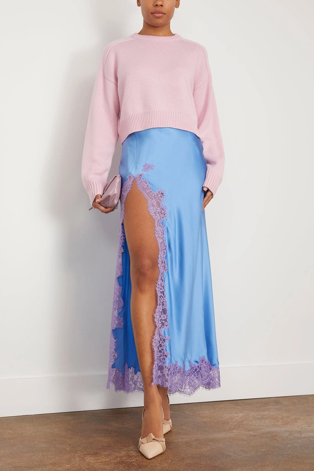 High Slit Lace Applique Skirt In Cornflower Blue 4 High Slit Lace Applique Skirt In Cornflower Blue - Image 2