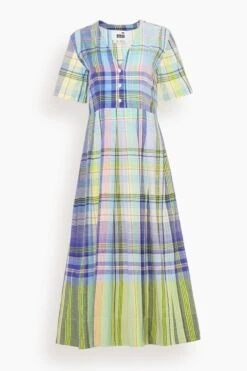 Handwoven Check Long Dress In Blue