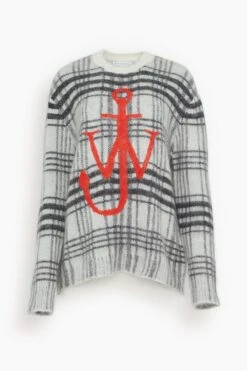 JW Anderson Tartan Check Crewneck Jumper In White/Black