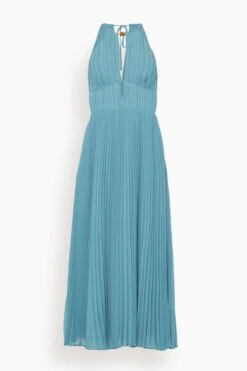Carli Plisse Halter Midi Dress In Celeste Blue
