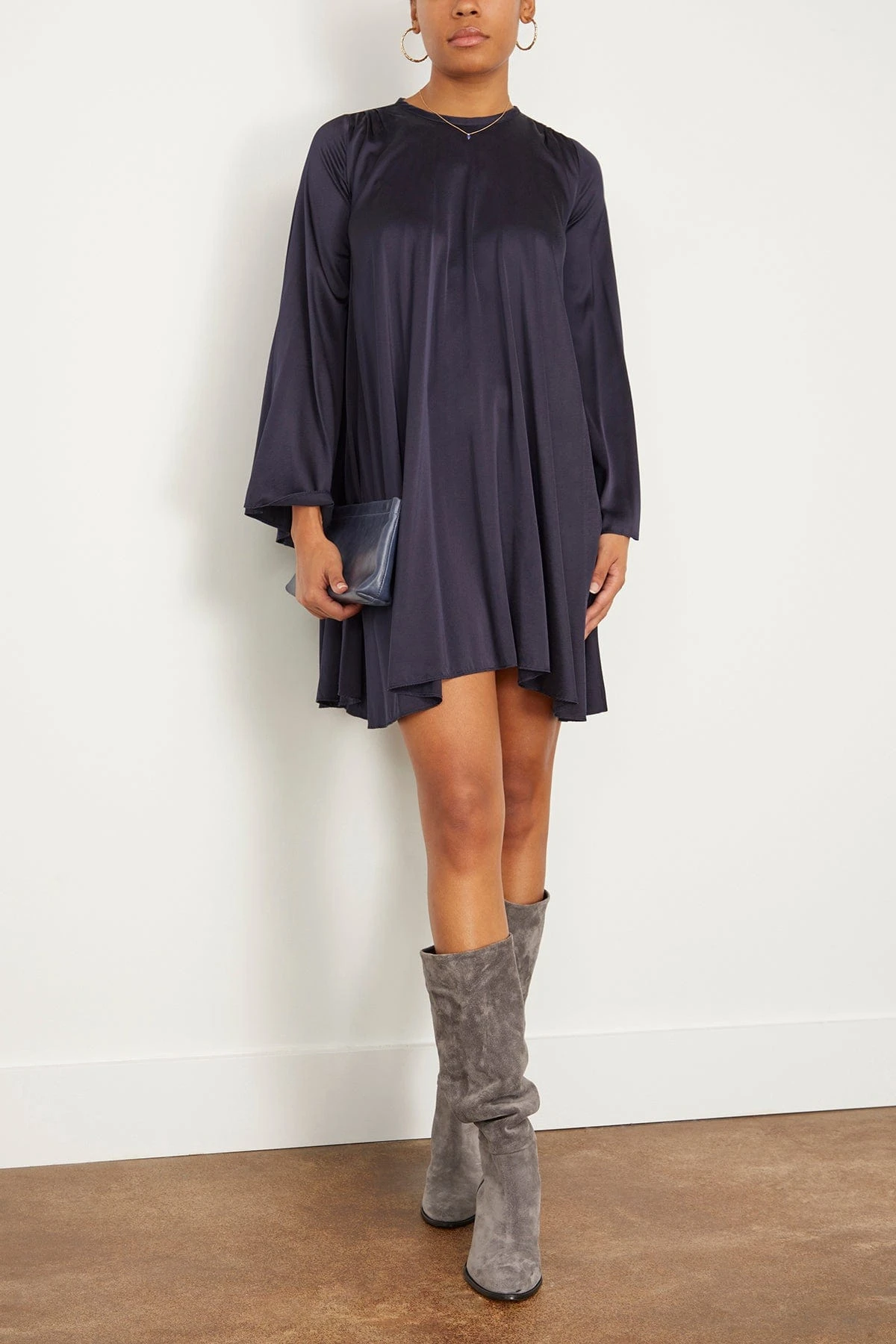 FORTE_FORTE Stretch Heavy Silk Satin Flared Mini Dress In Notte 4 FORTE_FORTE Stretch Heavy Silk Satin Flared Mini Dress In Notte - Image 2