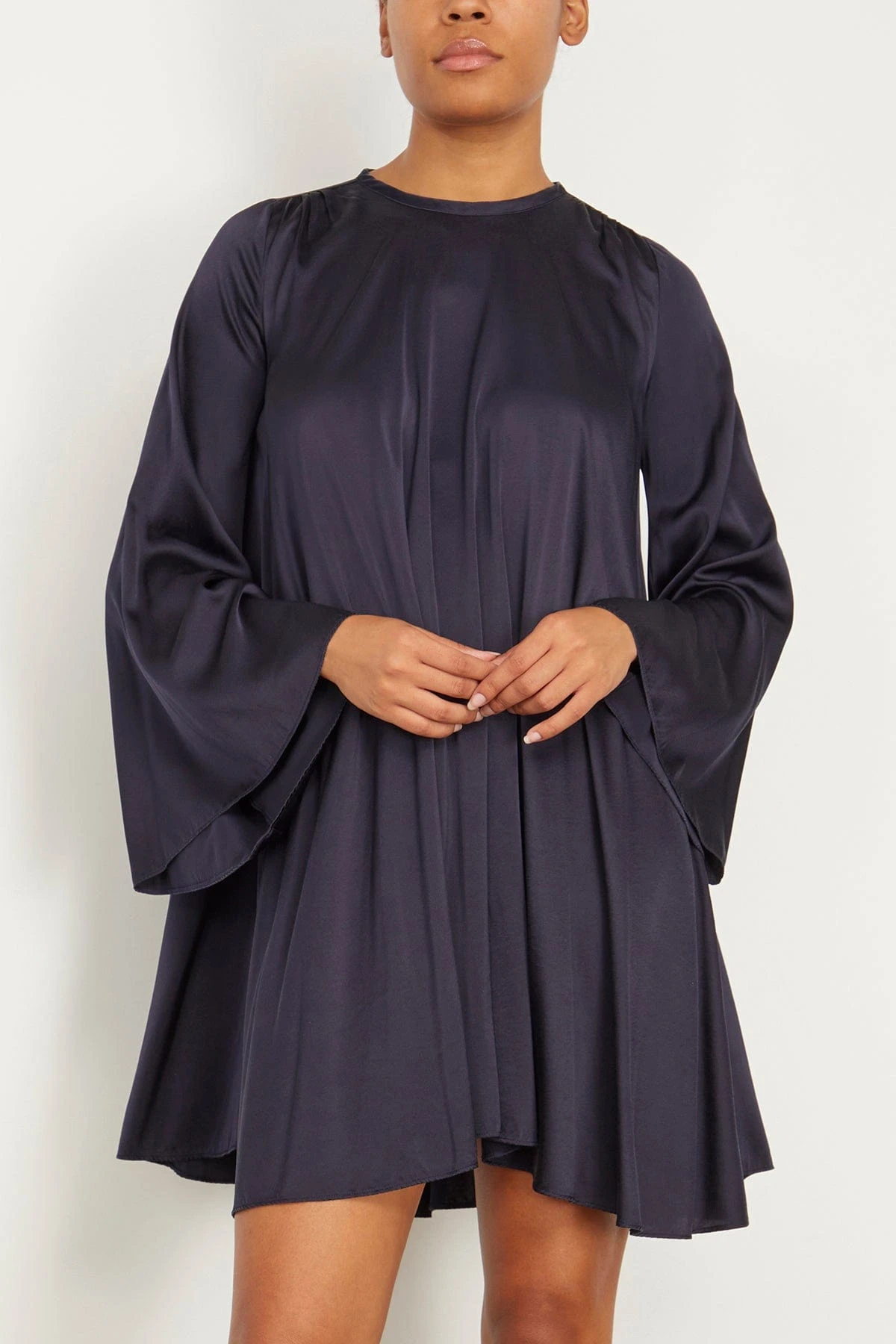 FORTE_FORTE Stretch Heavy Silk Satin Flared Mini Dress In Notte 5 FORTE_FORTE Stretch Heavy Silk Satin Flared Mini Dress In Notte - Image 3