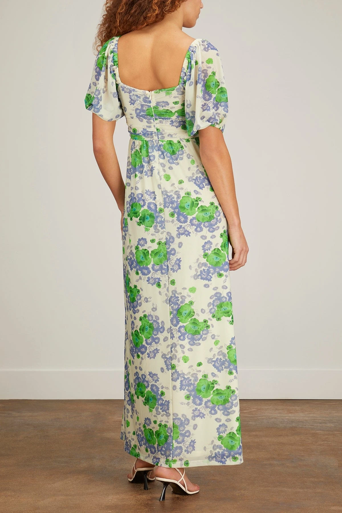 Ganni Printed Mesh Puff Sleeves Long Dress In Egret 6 Ganni Printed Mesh Puff Sleeves Long Dress In Egret - Image 4