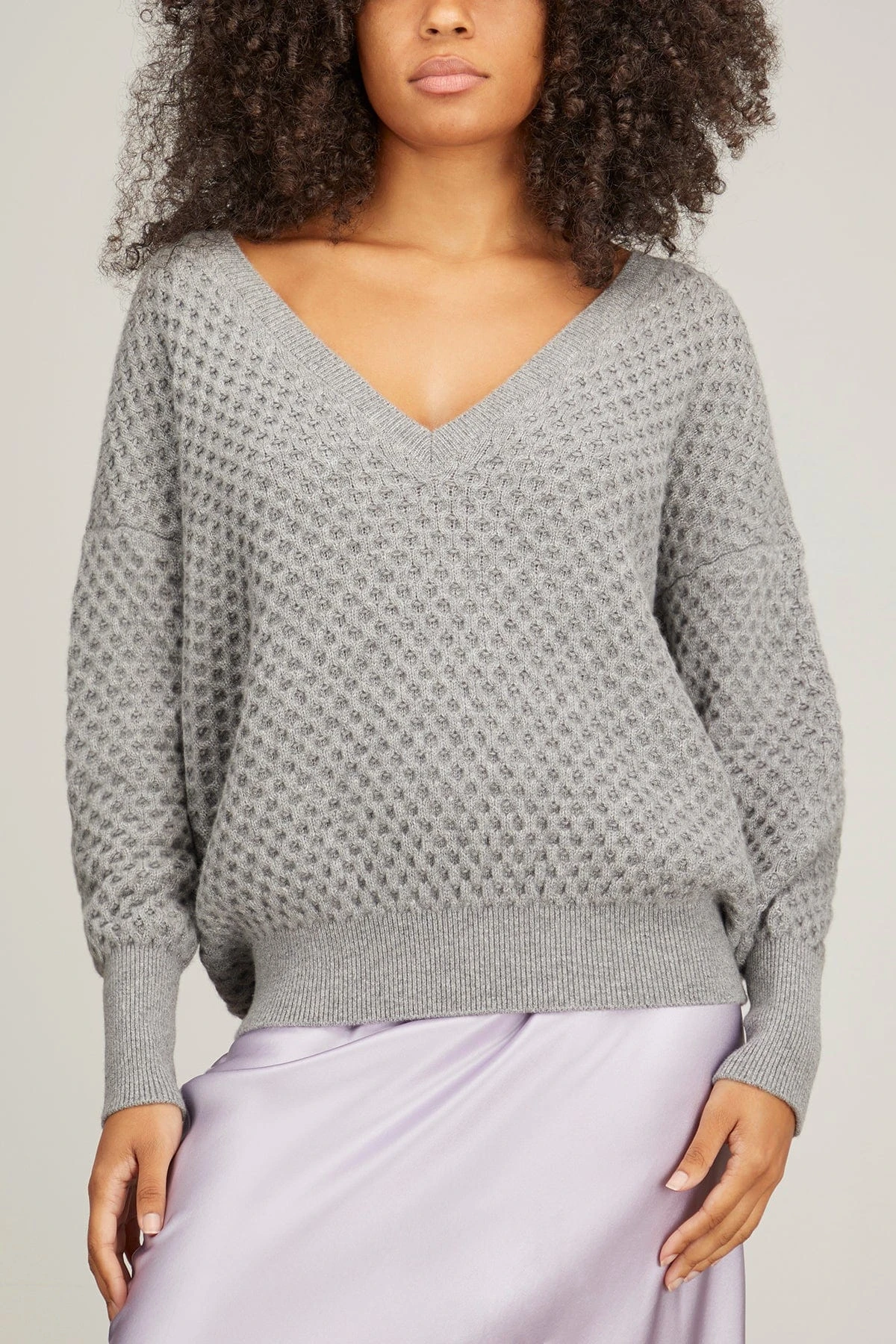 V Neck Honeycomb Sweater In Medium Grey 5 V Neck Honeycomb Sweater In Medium Grey - Image 3