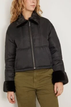 Nylon Bomber Jacket With Mink Trim In Noir -DOROTHE Clothing Shop yvessalomon NylonBomberJacketwithMinkTriminNoir 2