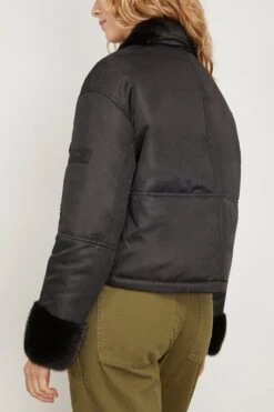 Nylon Bomber Jacket With Mink Trim In Noir -DOROTHE Clothing Shop yvessalomon NylonBomberJacketwithMinkTriminNoir 3